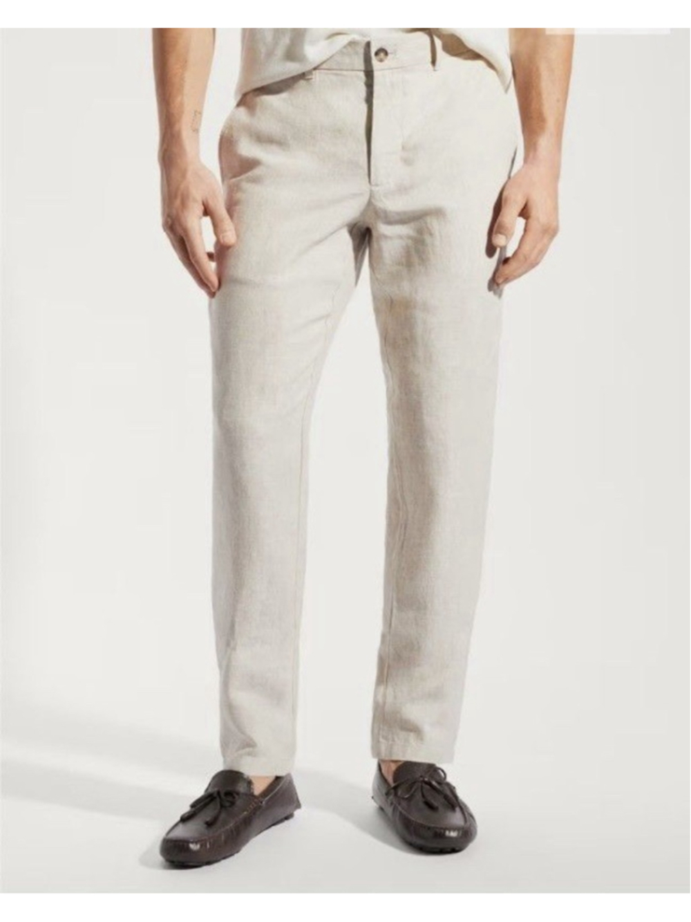 Mango MNG Oyster Trouser Mens 34X32 Slim Fit Pants Linen Beige Coastal Resort
